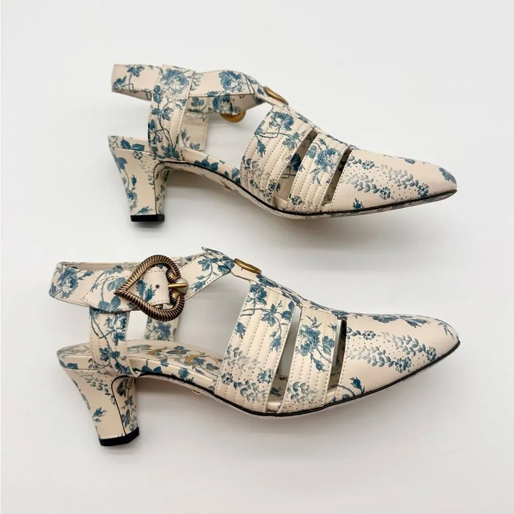 Gucci Gea GG Mid Heel Buds/Floral Blue Leather T-Strap  Sandal Pump EU37.5 US7.5 - Picture 9 of 13